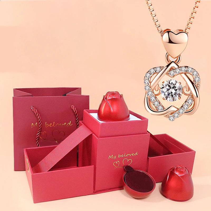 Beating Heart Zircon Necklace With Lift Rose Gift Box For Girlfriend In Christmas Valentine Gift Fashion Jewelry 250117