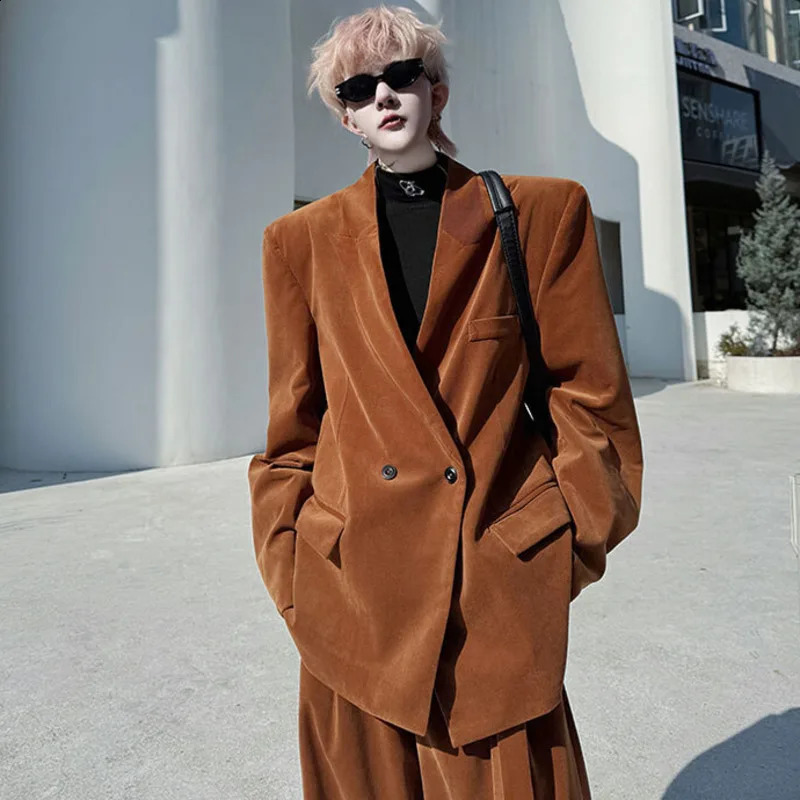 PFNW 2025 Spring Sets Lapel Loose Mens Double Breasted Suit Belt Casual Wide Leg Pants Suit Suede Retro Runway Niche 250121