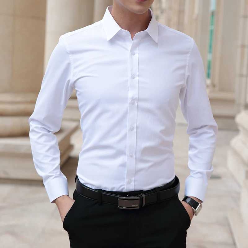 Business Mens Long Sleeve Shirts Elegant Solid Plain Bamboo Fiber Office Formal Dress Shirt Casual Standard Male Workwear ShirtXJ250121