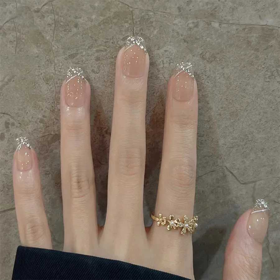 24Pcs Glitter Diamond Press On Nails B Pink Cat Eye Fake Nails Sweet Cute Coffin Full Cover Short Square False Nail Tips ArtW250120