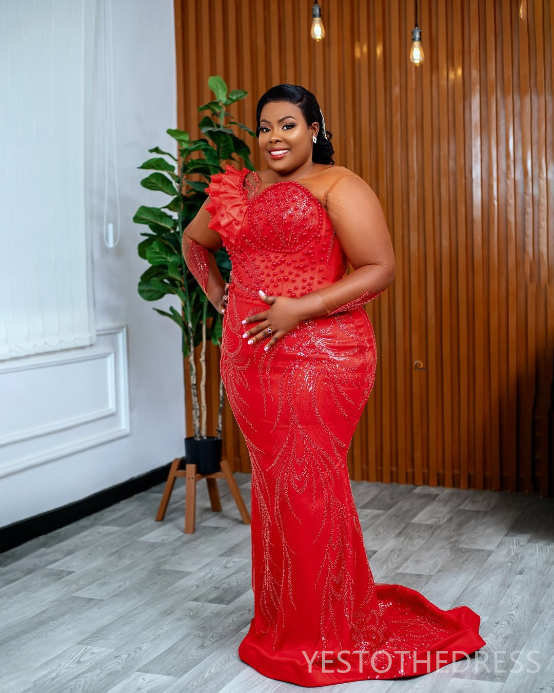 2025 Plus Size Red Aso Ebi Prom Dress Mermaid Evening Gowns For Black Women Sheer Neck Long Sleeves Pearls Beaded Lace Birthday Dress Second Reception