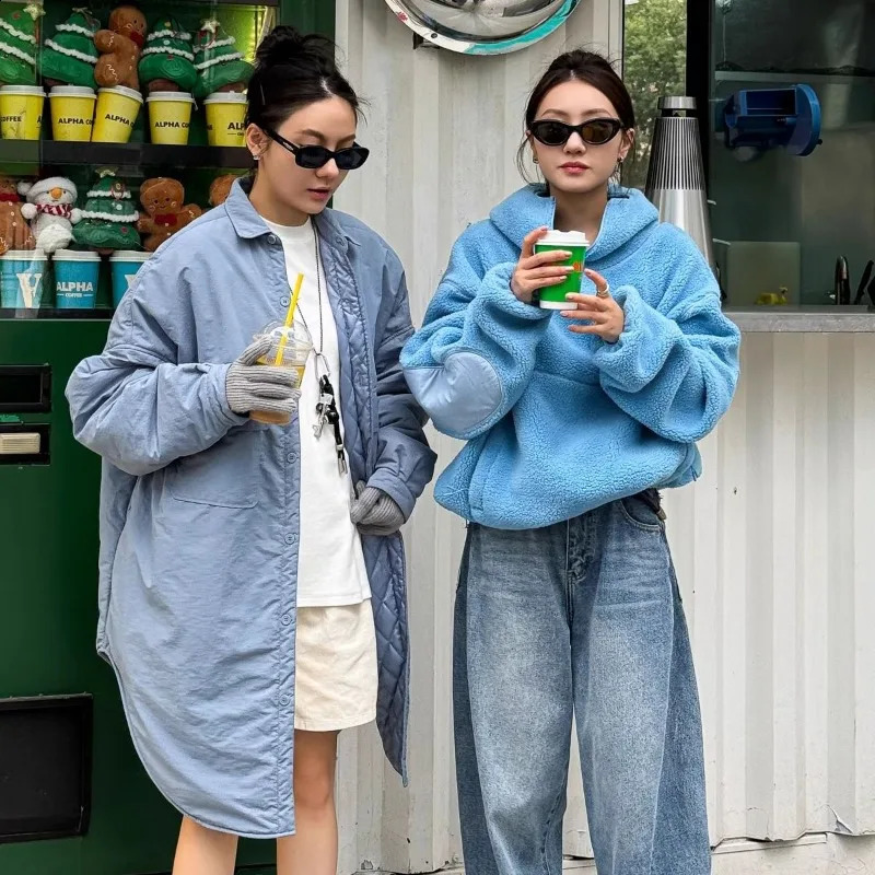 Aesthetic solid polar fleece plus velvet thickened warm winter hooded jacket women street fashion versatile casual half-zip Coat 250122