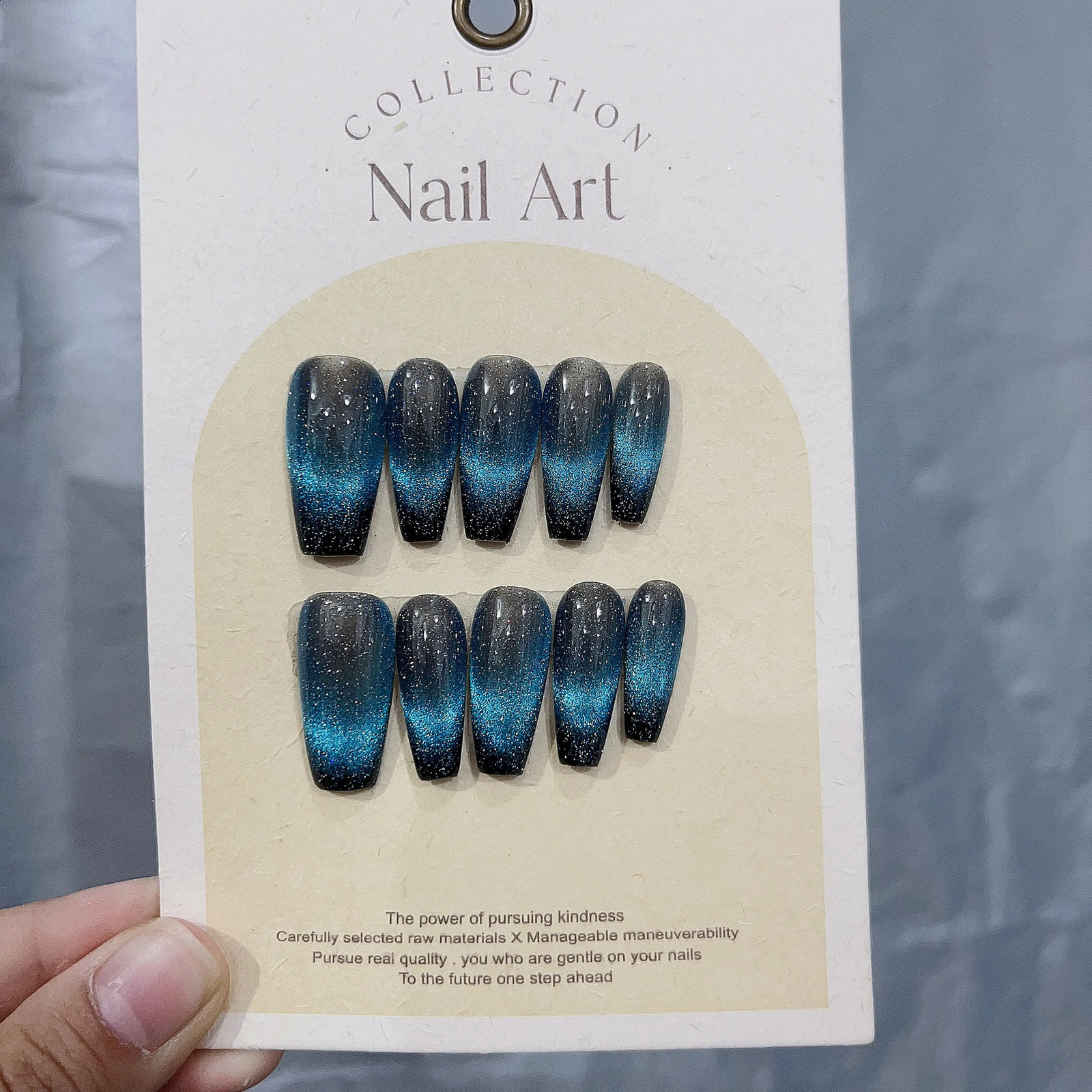 100% Handmade Press On Nails with Blue Cat Eye Effect Medium Coffin Shape Cool and Modern In Emmabeauty Store No. EM19152 250108