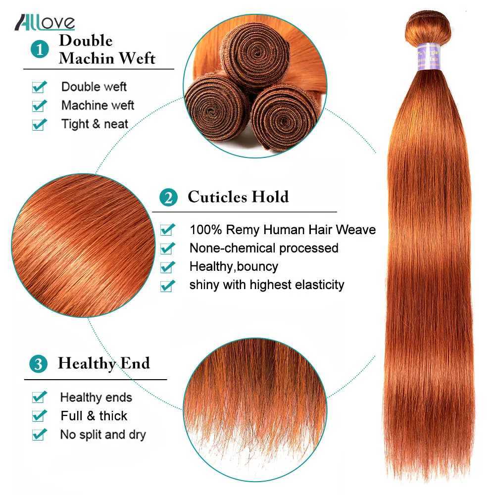 Allove Ginger Bundles With Clo Brazilian Straight Human Hair Bundles Orange Colored 3 Bundles Human Hair With 4x4 CloXJ250120