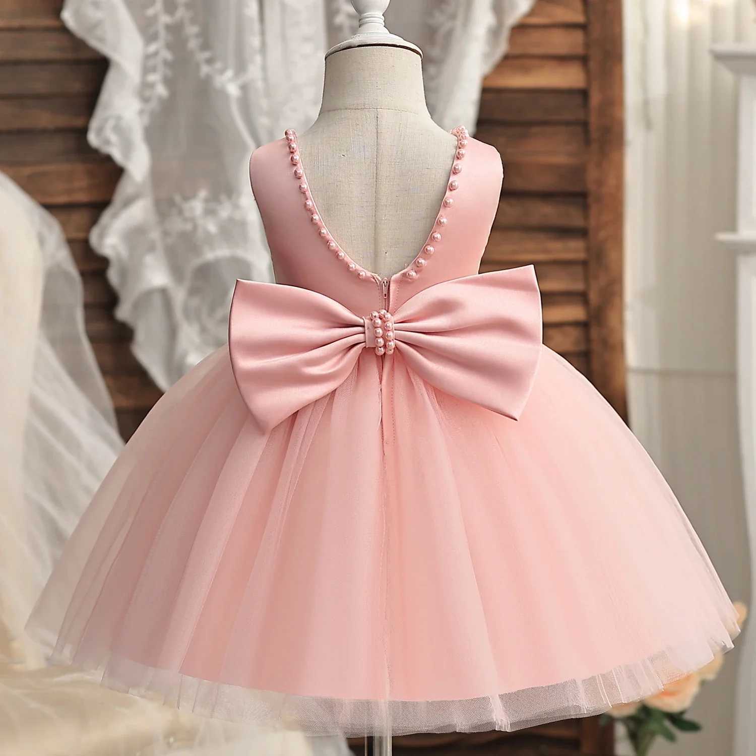 2024 Baby Bath Dress Girls and Childrens Wedding Party Dress Bow Bead Chiffon Christmas Dress X250203