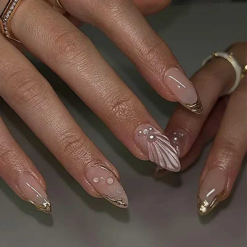 24Pcs French Gold Edge Wearable Almond Press on Fake Nails Simple l Decoration False Nails with Glue Full Over Manicure TipsW250120