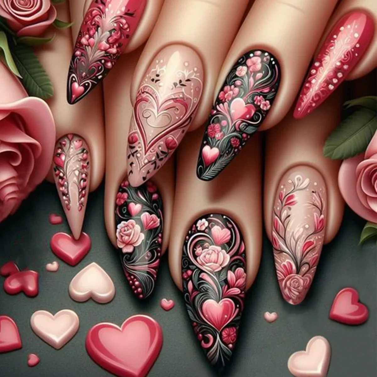 24Pcs Romantic Floral Press on Nails with Rose Love Design Colorful Beautiful Nails for Women Girls Valentines Day Wear TipsW250120