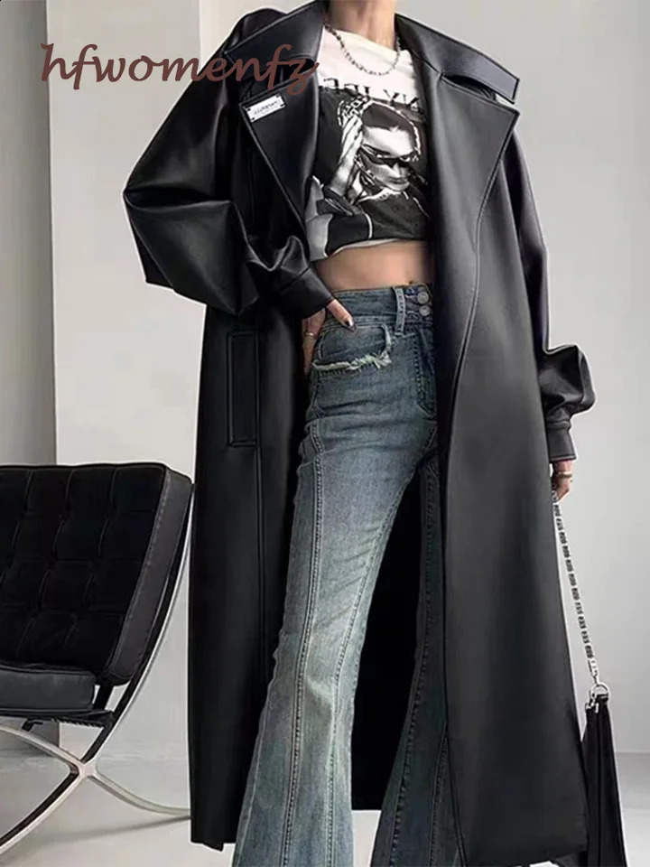 Street Leather Women Trench Coat With Belt Loose Lapel Full Sleeve Lace Up Pockets Long Windbreaker Autumn Winter Outwears 250118