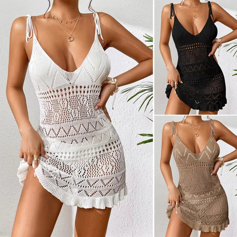 Womens Deep V-Neck Beach-Dress See-Through Crocheted Swimsuits Hollow Out Bathing Suit Cover Up For Beachwear