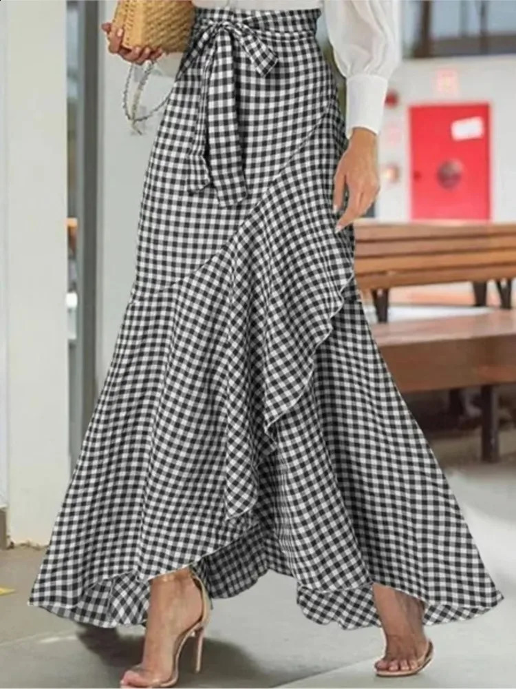 Spring Autumn Women Long Skirt High Waist Laceup Ruffle Trim Plaid Print Bow Tie Irregular Hem Maxi Female 2024 250110