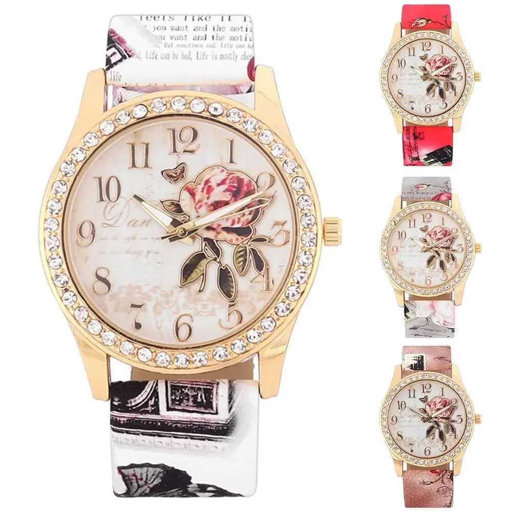 Fashion Watches Men Rhinestone Inlaid Flower Round Dial Faux Leather Band Quartz Watch Fashion Quartz Wristwatch Men Watches X250203