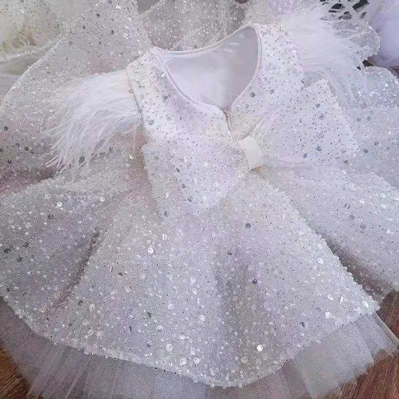 Summer Baby Girl 1st Birthday Party Wedding Dress For Girls Clothes white feather beaded sequin Princess Baptismal kids Dress X250203