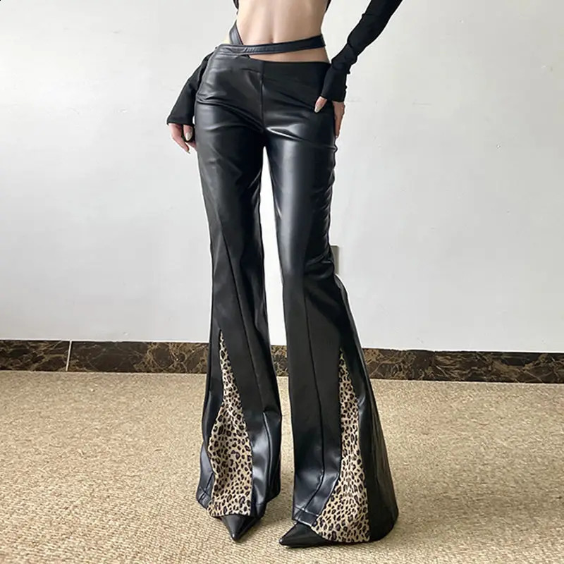 Fashion low waist irregular leopard print patchwork leather pants for womens street personality girl boot pants 250122