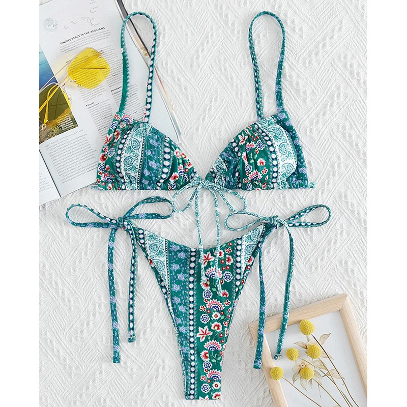 BIQIUYYI New Ral Print String Bandage Bikinis Triangle Cup Push Up Swimsuit Women Bathing Suit Beachwear Halter Swimwear XS