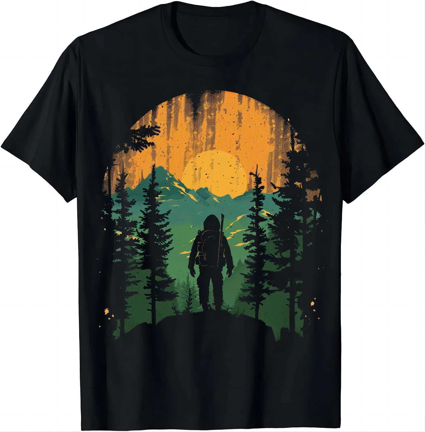 Retro style Hiker T-shirt with mountain print graphic T-shirt mens clothing top Camisas Streetwear Ropa Hombre X250203