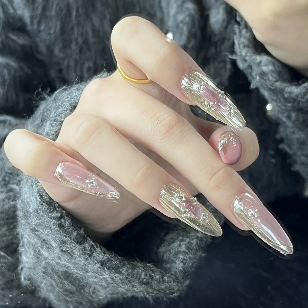 Emmabeauty Pink Crystal Cat Eye Sweet Cool Almond Water Drop Shape Blush Gold Hand Painted Press On Nails with Cool Style 250108