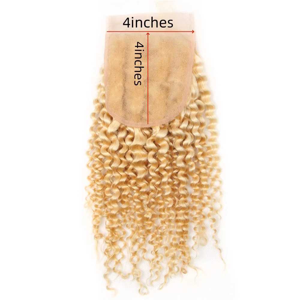 613 Honey Blonde Kinky Curly 4x4 Lace Clo Free Part Transparent Lace 100% Human Hair Pre Plucked With Baby Hair 10-20 InchesXJ250120