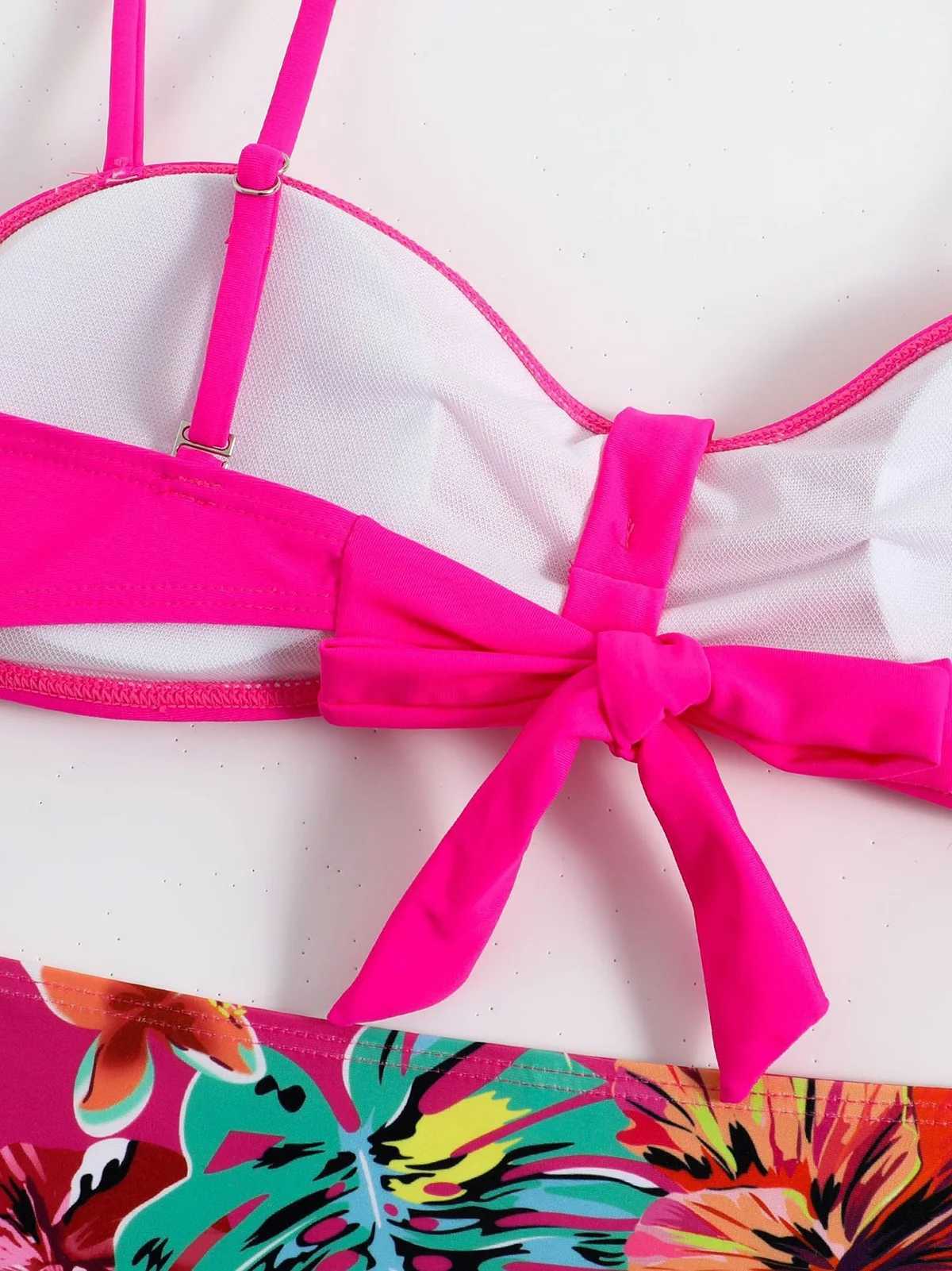 2Pcs/Set Women Bikini Set Pleated Bandeau Adjustable Straps Bra Briefs Set Solid Color High Waist Floral Swimwear BeachwearXJ250120