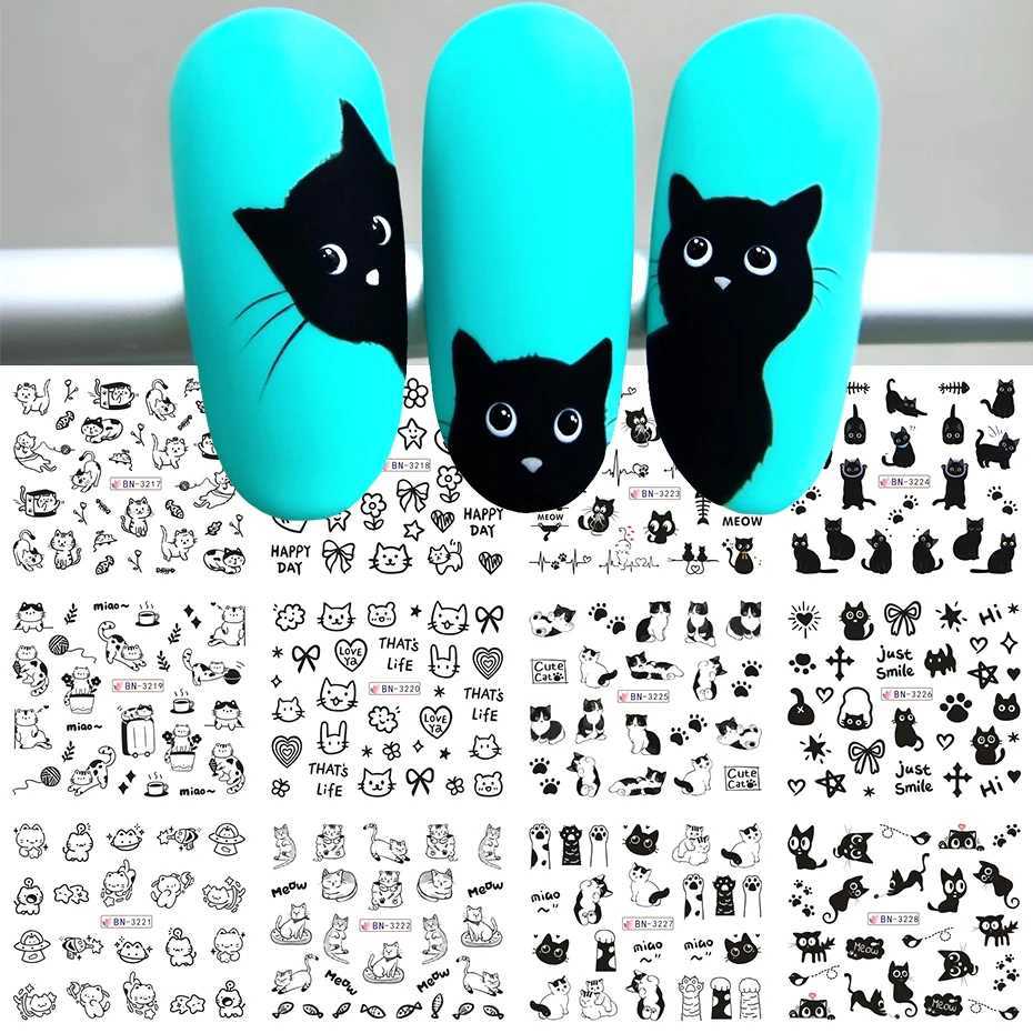 12 Designs Black Cat Nail Water Stickers Cute Kawaii Cartoon Nail Art Decals Watermark Transfer Sliders Manicure DecorationsXJ250120