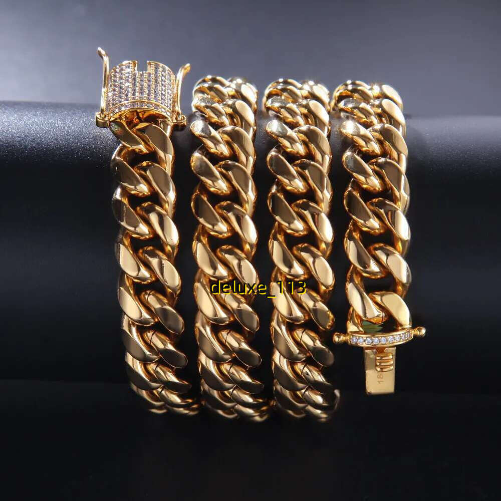 12mm/14mm Mens Miami Cuban k Necklace Chains Stainless Steel CZ Clasp Iced Out Gold Hip Hop Jewelry