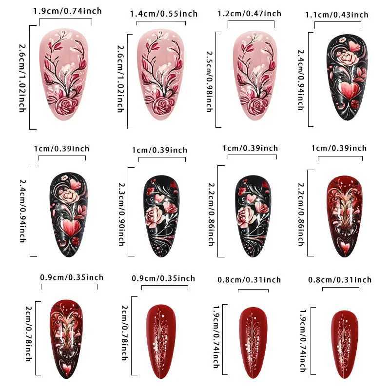 24Pcs Romantic Floral Press on Nails with Rose Love Design Colorful Beautiful Nails for Women Girls Valentines Day Wear TipsW250120