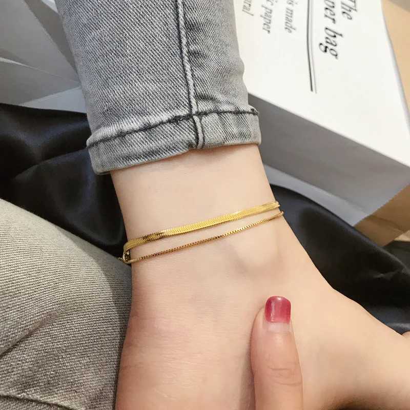 Stylish simple double snake chain stainl steel female anklet timel gold colour female anklet jewelryXJ250121