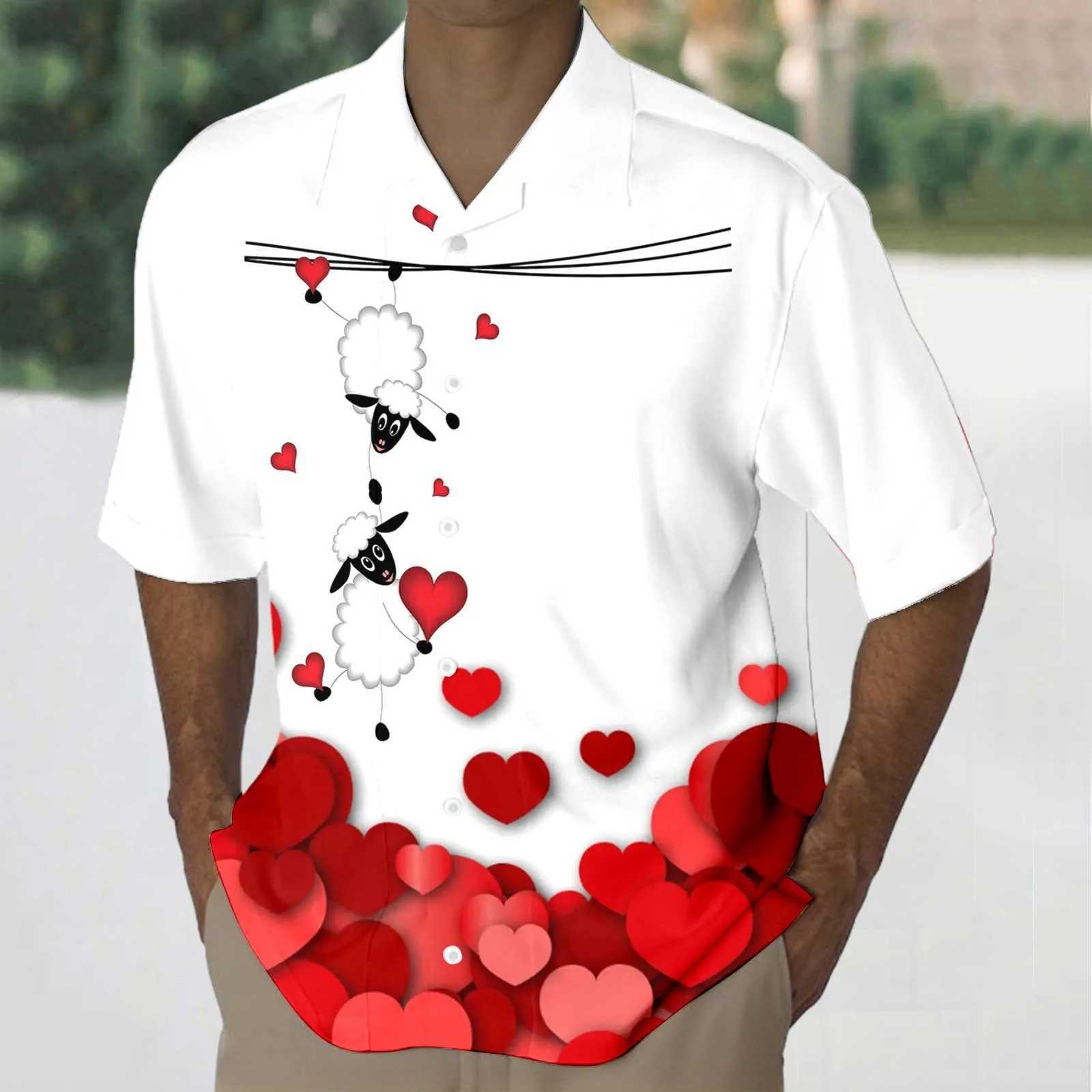 Valentine Day Mens Shirts Cupid Heart Print Patchwork Casual Shirt 2024 Summer Short Sleeve Turn Down Collar Button Up Tees TopXJ250121