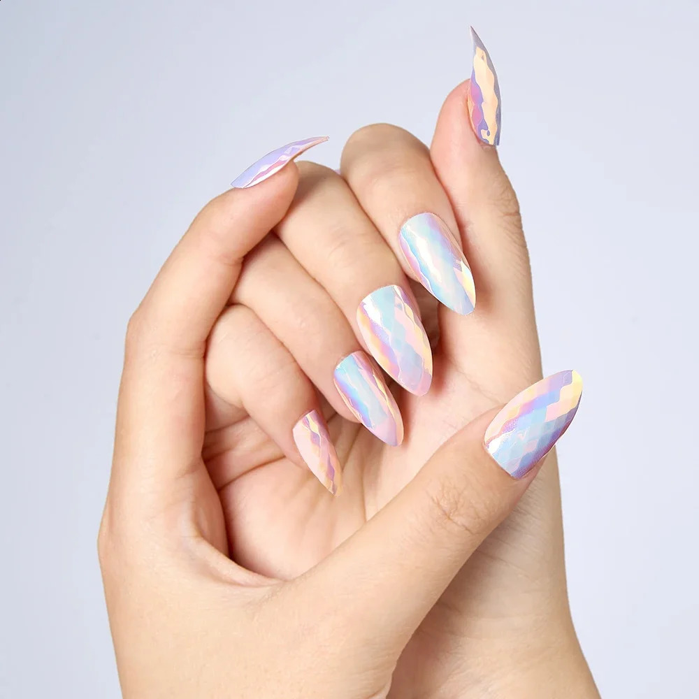 24PCS Cat Eyes Pink Red Magic Mirror Manicure Short Press on Nails Full Cover Ballet False Nails With Glue for Women 250108