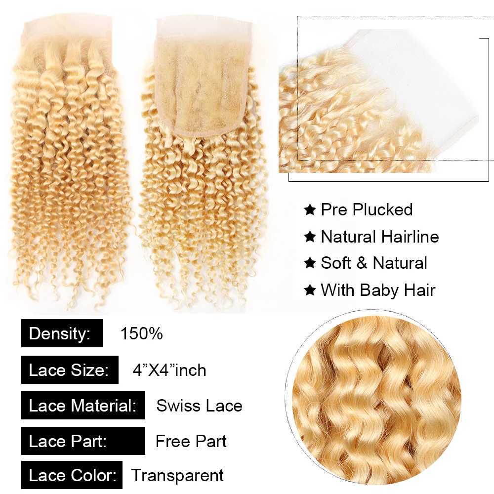 613 Honey Blonde Kinky Curly 4x4 Lace Clo Free Part Transparent Lace 100% Human Hair Pre Plucked With Baby Hair 10-20 InchesXJ250120