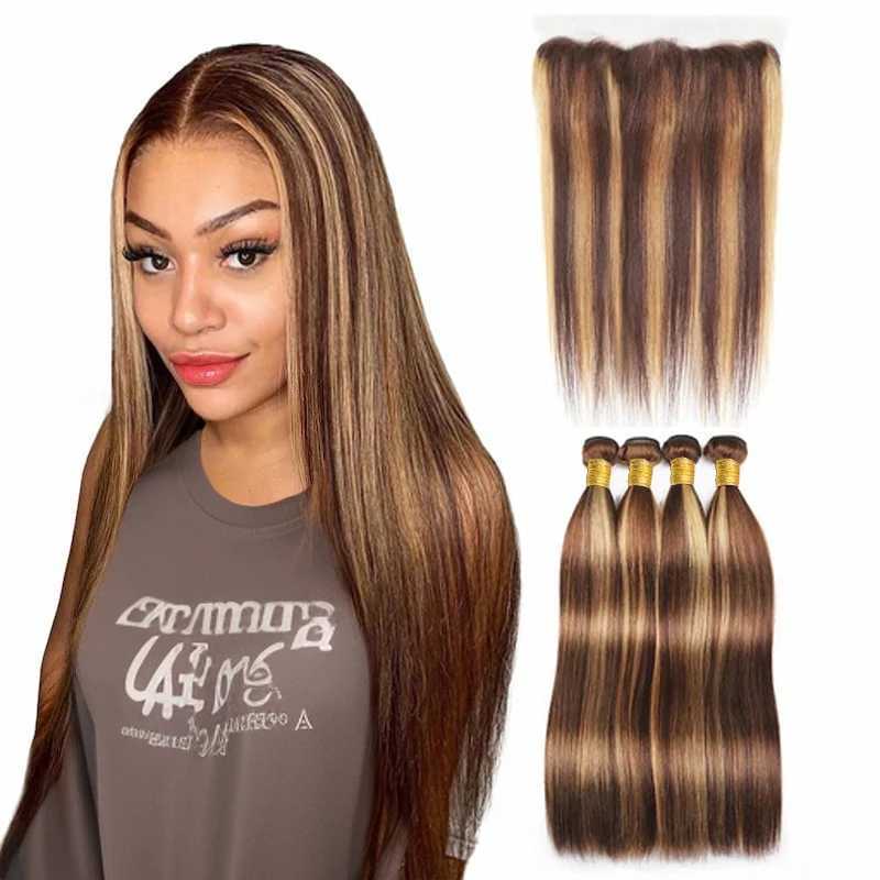 Straight Highlight Bundles with Clo Human Hair Honey Blonde Highlight 3 Bundles with 13x4 Lace Clo Brazilian Virgin HairXJ250120