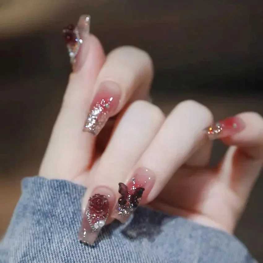 24Pcs/Box In Coffin Artifical False Nails Gradient Color with Glue Fake Nails Wearable Ballerina Simple Press on Nails TipsW250120