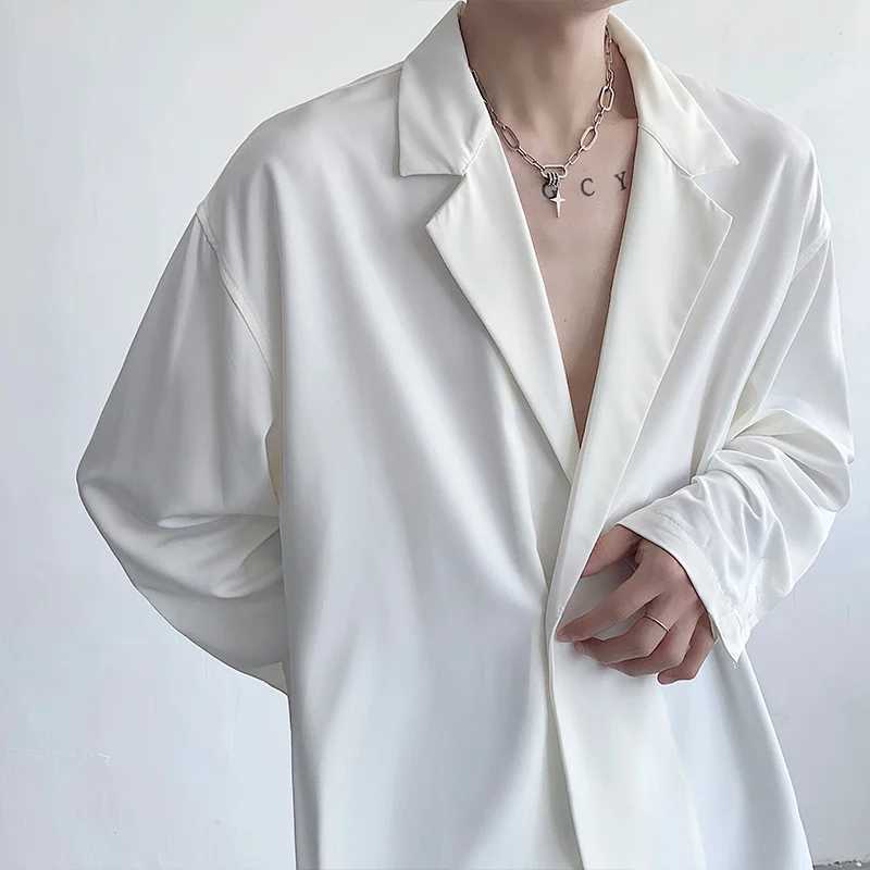 Black White Long Sleeved Shirt Men Oversized Social Mens Dress Shirt Korean Loose Ice Silk Shirt Mens Office Formal Shirts M-XLXJ250121