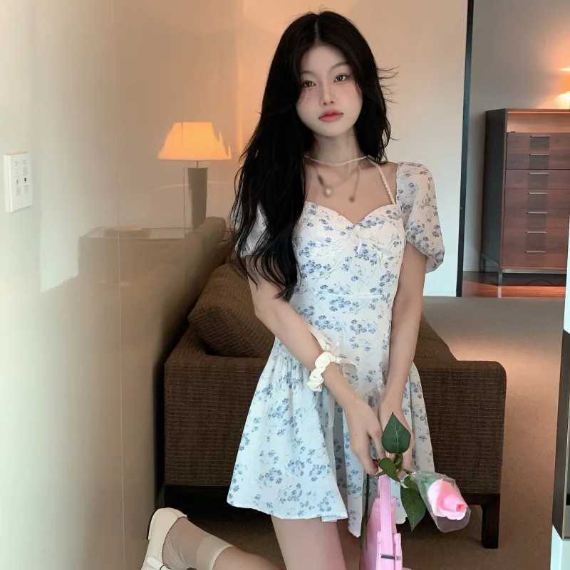 Womens Floral Dress French Style Ruffled Puff Sve Square Neck High Waist Casual Summer Short Chiffon DressXJ250115