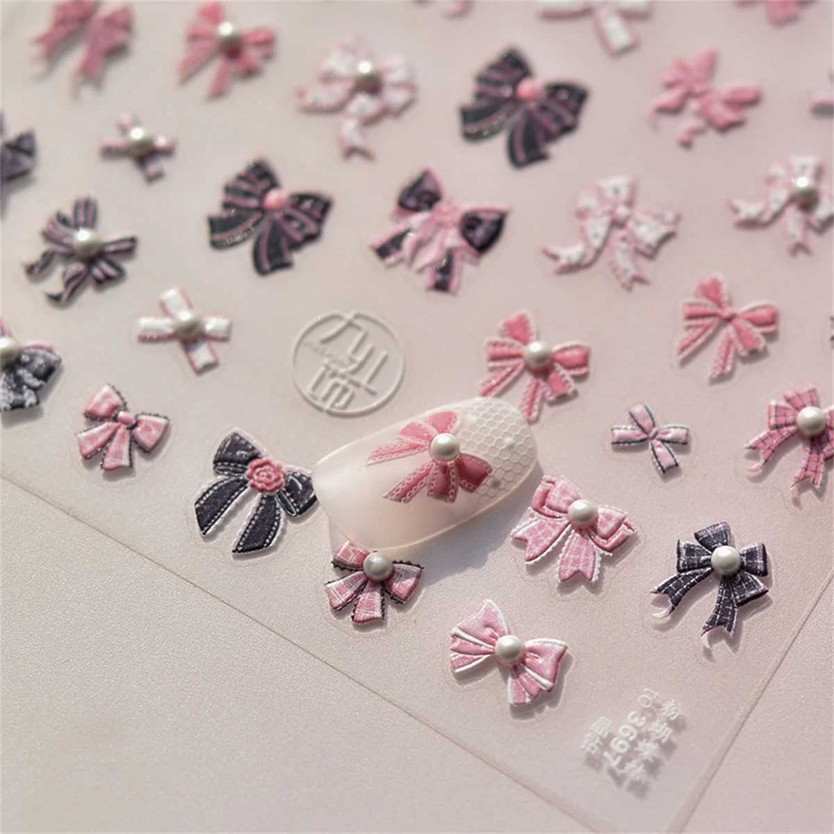 Pink Black Bowknot Retro White Lace Rose 5D Embossed Reliefs Self Adhesive Nail Art Stickers Vintage Manicure Decals WholesaleXJ250120