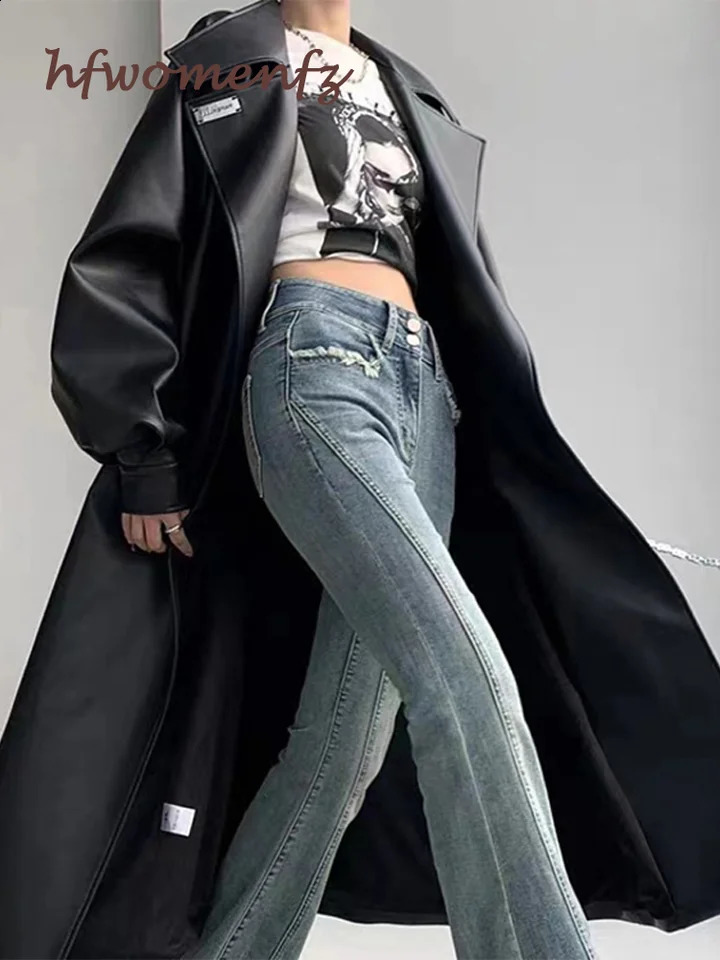 Street Leather Women Trench Coat With Belt Loose Lapel Full Sleeve Lace Up Pockets Long Windbreaker Autumn Winter Outwears 250118