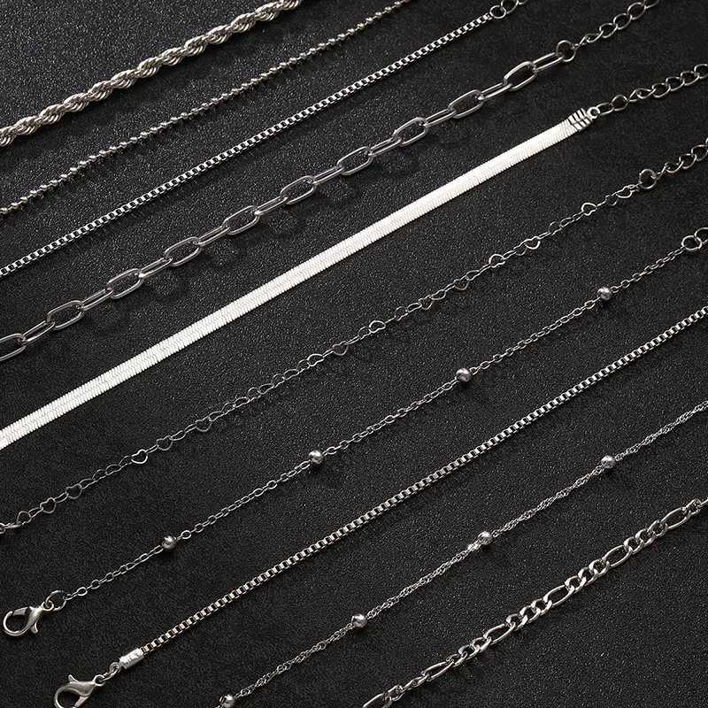 10 Pcs Vintage Statement Gold Color Flat Snake Chain Box Chain Bracelet Boho Multi-layer Metal Bracelet Womens Summer Jewelry W250121