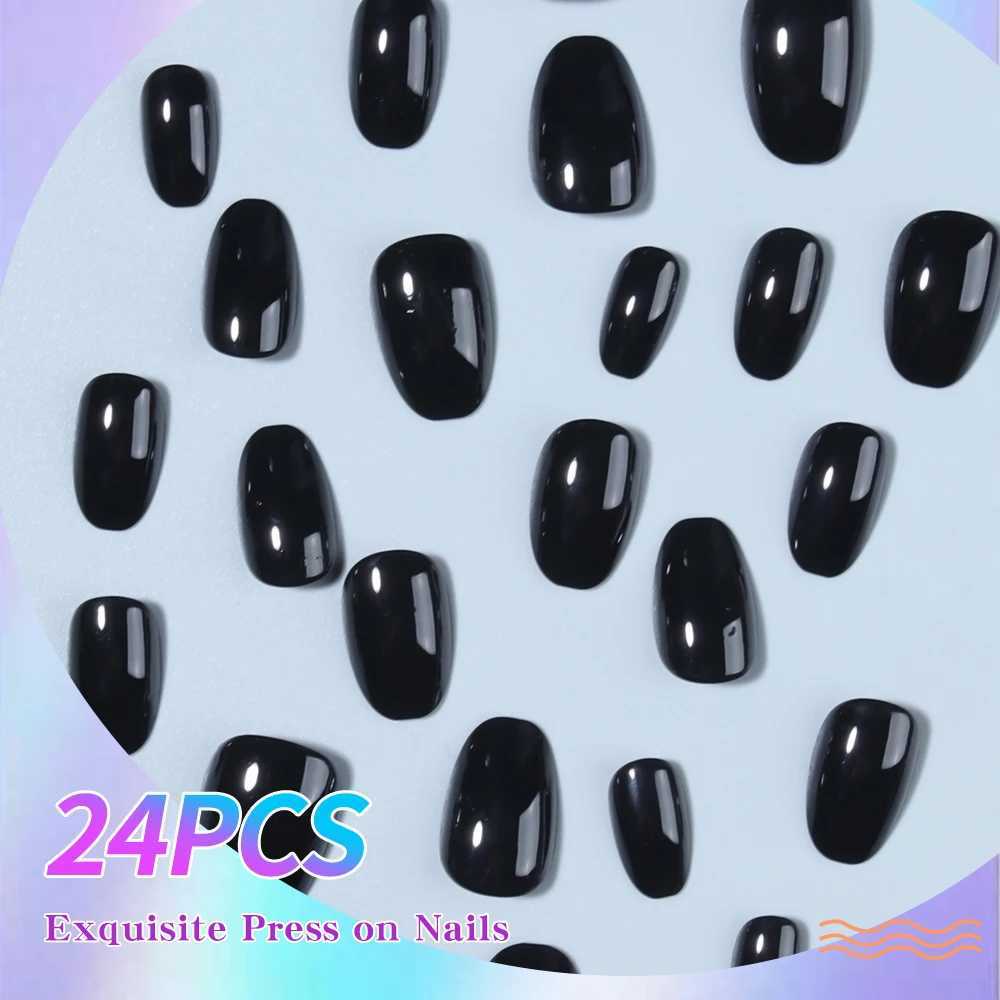 24pcs short false nail black oval nail press on nail can be disassembled for reuse minimalist style for women and girls dailyW250120