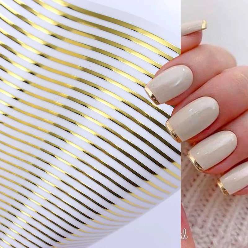 French Line Stripe 3D Nail Stickers Gold Silver Metal Lines Nail Transfer Stickers Multi-size Strip Wave Decoration Decal TipsXJ250120