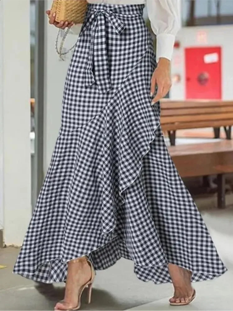 Spring Autumn Women Long Skirt High Waist Laceup Ruffle Trim Plaid Print Bow Tie Irregular Hem Maxi Female 2024 250110