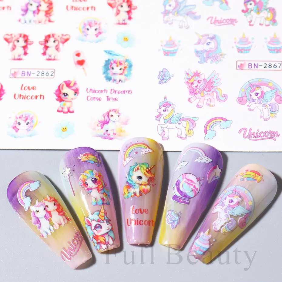 12PCS Cute Unicorn Nail Stickers Rainbow Ice Cream Nail Art Water Transfer Decals Sliders English Letter Decoration Foils TattooXJ250120