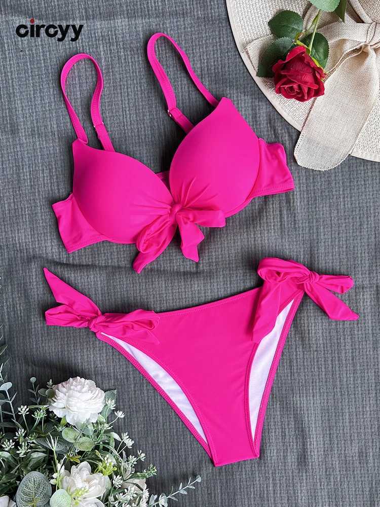Circyy Swimsuit Women Sexy Bikini Set Solid Drstring Beachwear 2024 Summer Two-pieces New Bather Bathing Suit Bow Tie BiquinisXJ250120