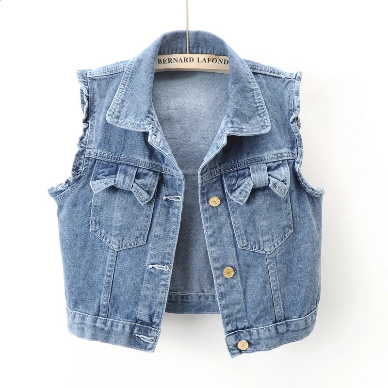 Vintage Blue Denim Vest Women Waistcoat Korean Cowboy Sleeveless Jacket Coat Spring Summer Bow Pocket Short Jeans Vest Female 250122
