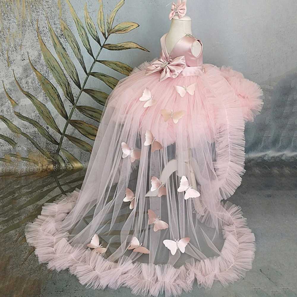 Dance Dress Flower Girl Wedding Dress with Detachable Train Preschool Girl Ruffle Gaul Decoration Birthday Party Dress X250203