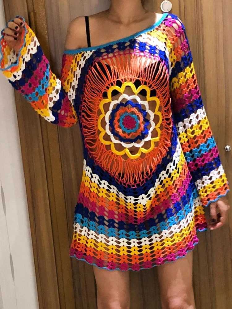 Handmade Knitted Beach Cover Tunics for Beach Swimsuit Crochet Cover Ups Sarong Beach Saida Praia Sarong Beach Kaftan #Q498 W250120