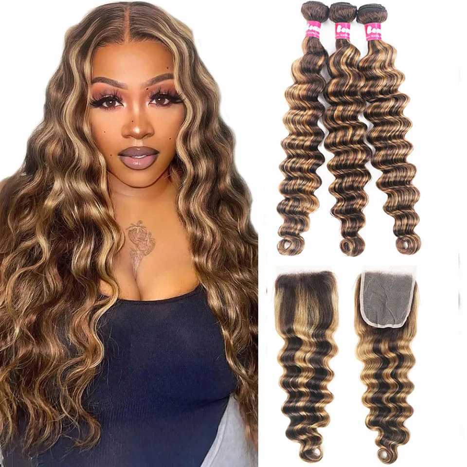 4/27 Loose Deep Wave Bundles With Clo Highlight Deep Wave Human Hair With 4x4 Clo Remy Hair ExtensionsXJ250120