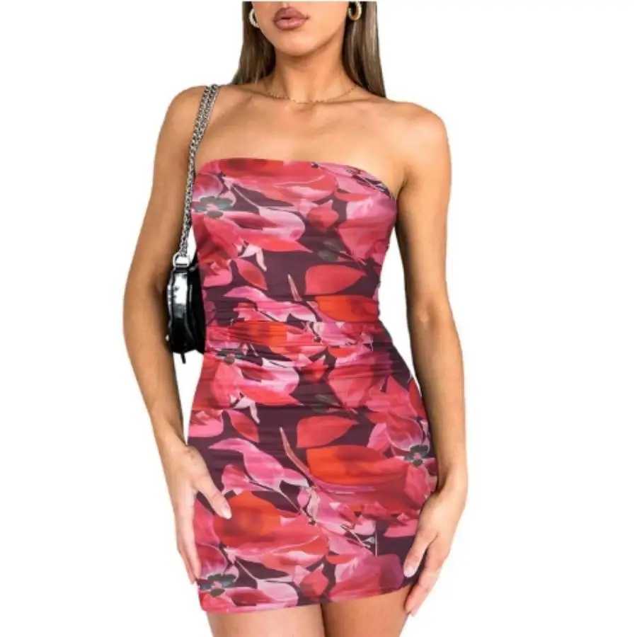 Europe and the United States womens spring new trend chest print pleated pullover cover buttock wrap short dressXJ250115