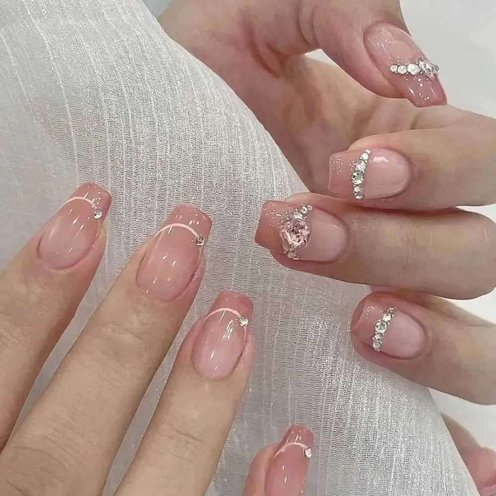 24pcs Long Square False Nails French Love Foil White s Black White s Fake Nails Full Cover Press on Nails Nail TipsW250120