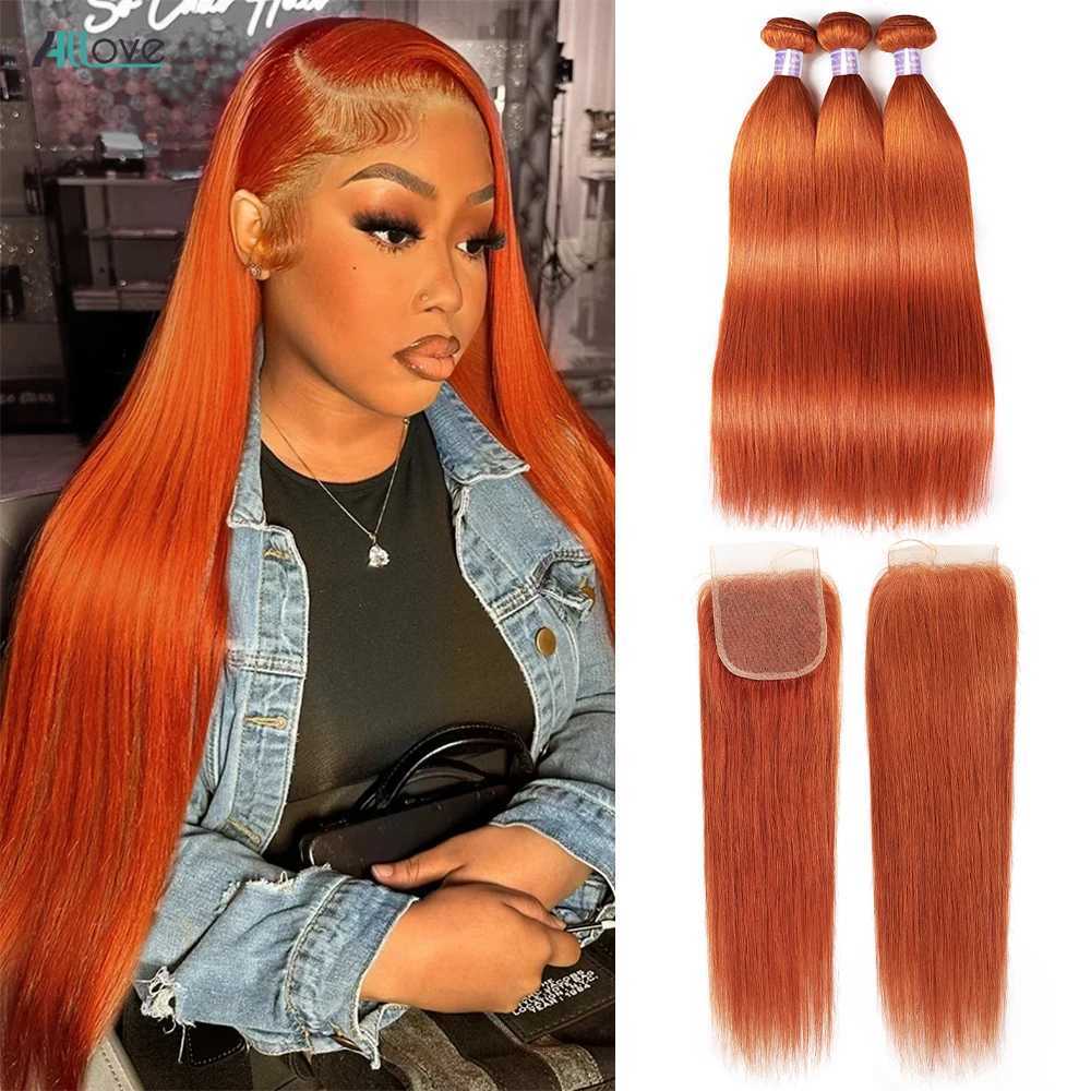 Allove Ginger Bundles With Clo Brazilian Straight Human Hair Bundles Orange Colored 3 Bundles Human Hair With 4x4 CloXJ250120