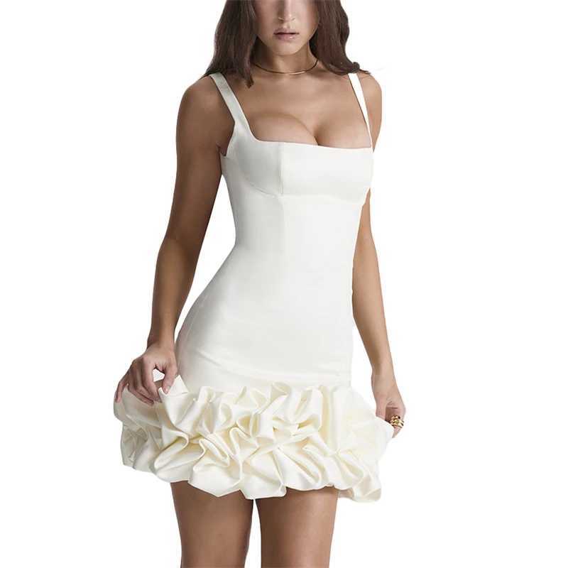 Summer New Pure Color Sundress Sexy Spaghetti Strap Pleated Ruffle Hem Mini Dress Women Club Party Dresses Bodycon Club DressXJ250115