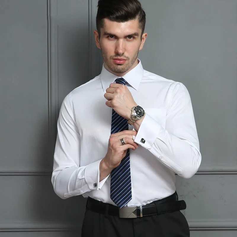M~6XL Mens French Cuff Dress Shirt White Long Sleeve Social Male Shirts Regular Fit Party Dinner Wedding Cufflinks Formal ShirtXJ250121